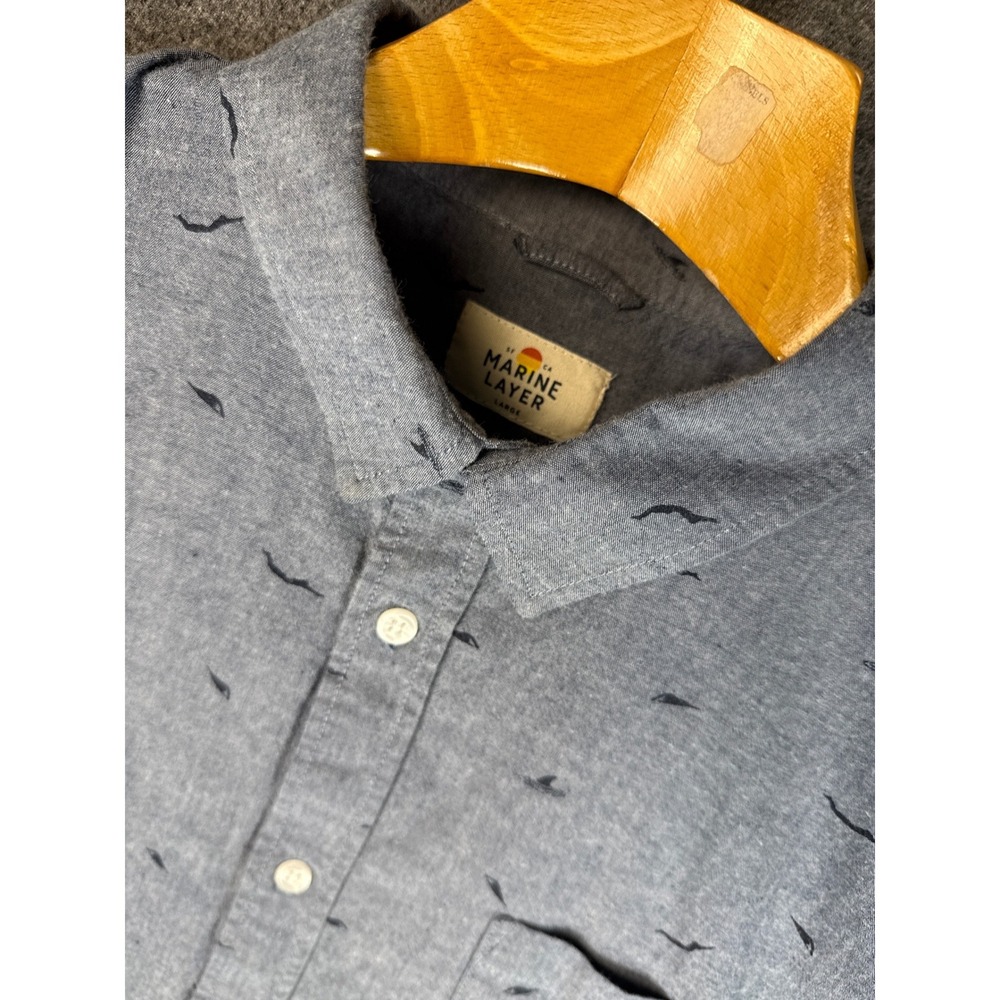 Marine Layer Men's Gray Button-Down Shirt with Small Black Shark Fin Print